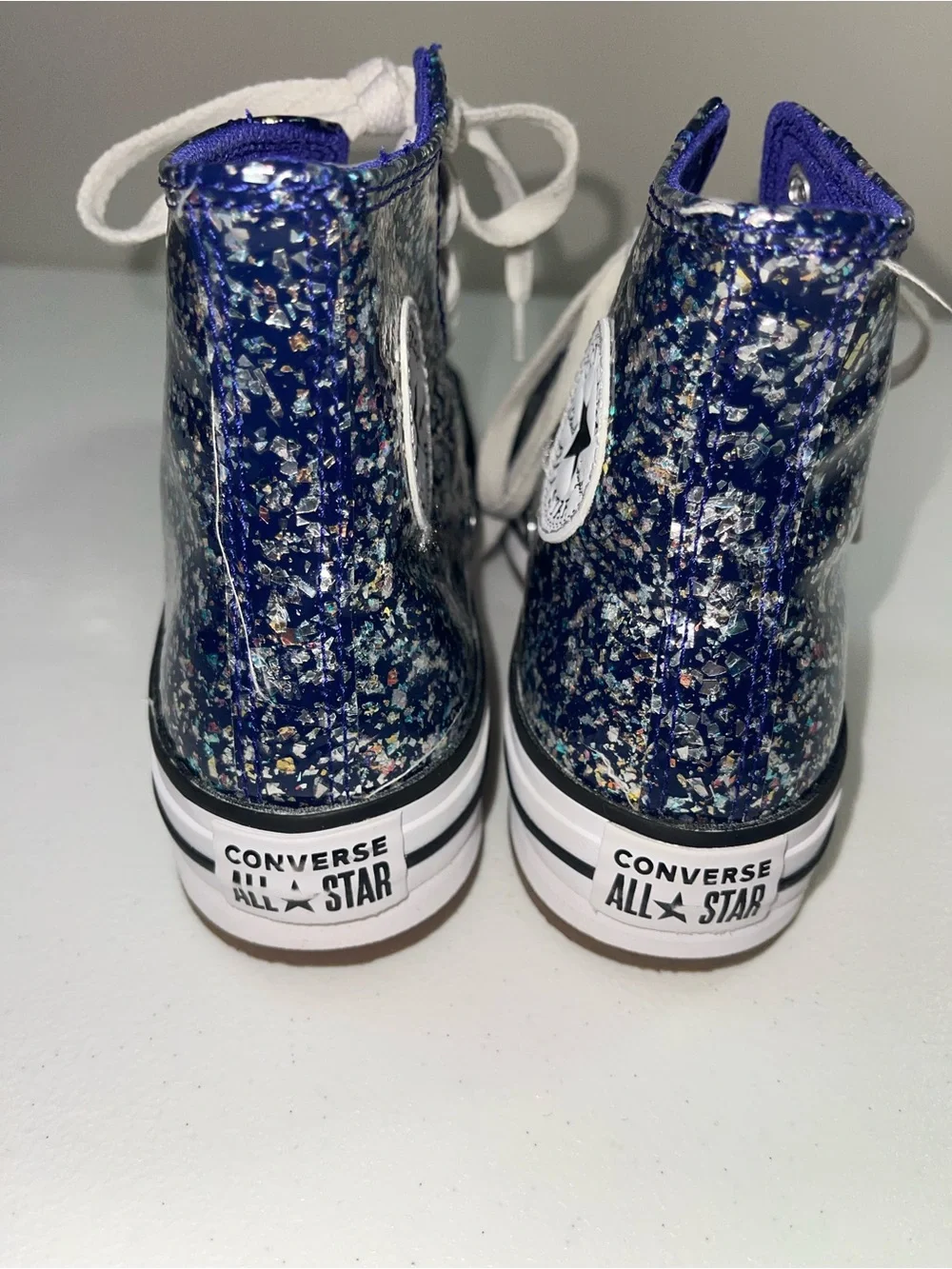 Converse Kids High-Top Glitter Sneakers in Blue and White